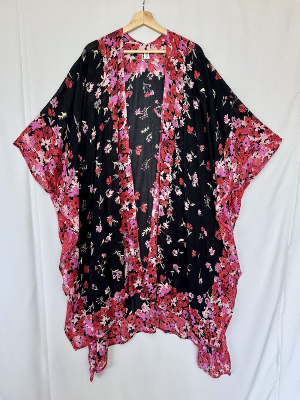 Micheal Stars Rose Ruana Black Red Pink Floral Long Line Kimono Topper One Size